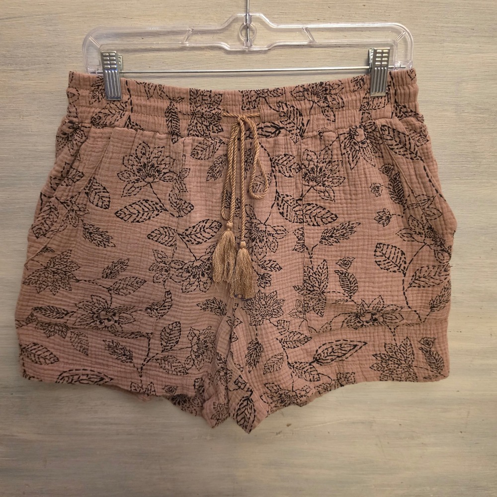 Royalty For Me 100% Cotton Brown Muslin Floral Print Shorts Size Medium GC